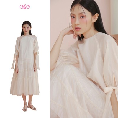 Đầm OLV suông tay lửng thắt dây nữ tính Ivory Chiffon Tiered Tie Sleeves Dress phù hợp đi chơi