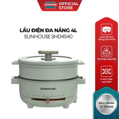 Nồi điện đa năng 4L Sunhouse SHD4540 - Tích hợp xửng hấp - Gia nhiệt trực tiếp - Dung tích 4L - Chống dính PTFE