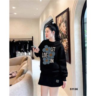  Bộ Áo Nỉ Sweater In Hình Bông Hoa Kèm Chân Váy Bộ Thun Nỉ Nữ Thu Đông Cao Cấp Cổ Tròn Ấm Áp - 51136 