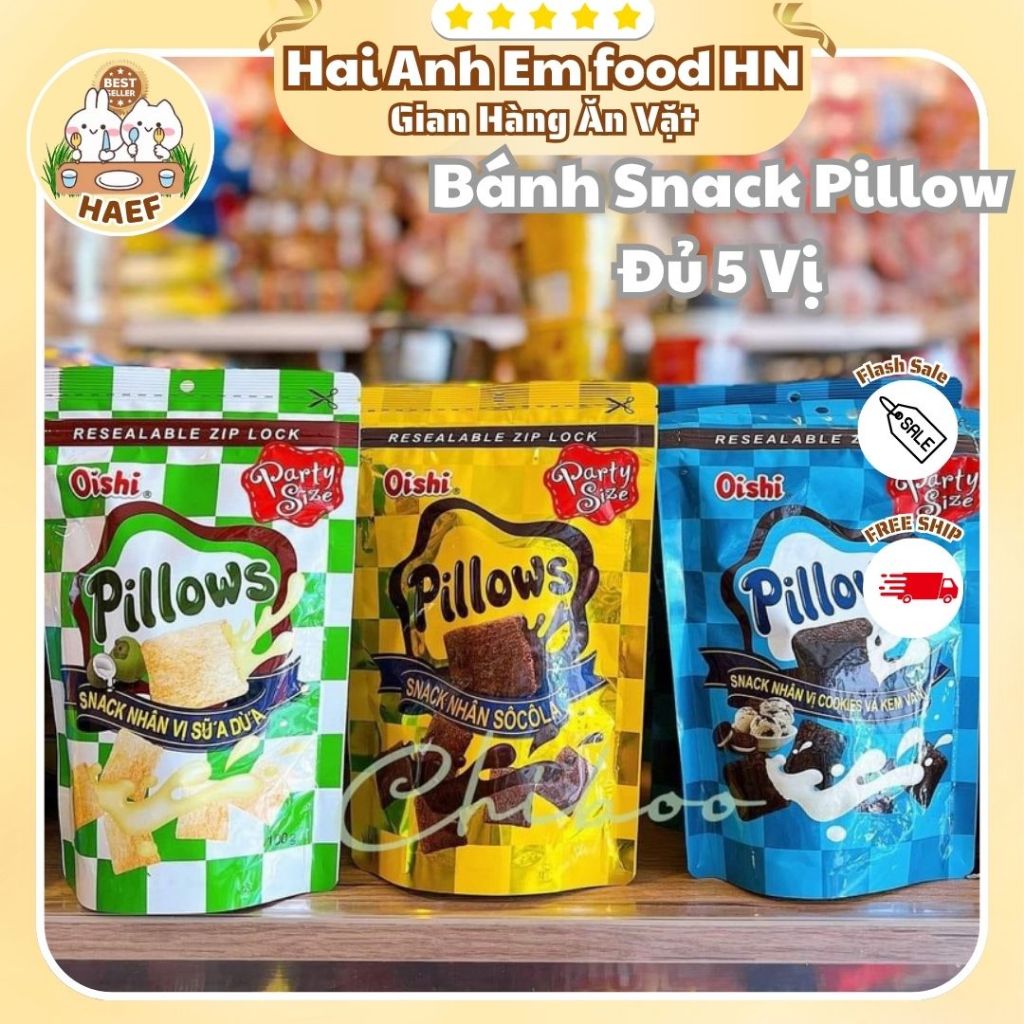 Bánh Snack Pillows Oishi Nhân Sữa Dừa - Socola - Kem Vani gói 85g, Bánh snack nhân kem Oishi Đủ 5 Vị