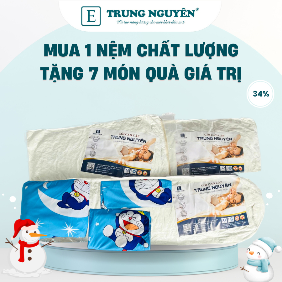  QUÀ TẶNG CAO CẤP 7 MÓN NỆM CAO SU NON  02 GỐI NẰM GÒN 40X60 1 GỐI ÔM GÒN 35X100 1 BỘ DRAP THUN 4 MÓN ĐẦY ĐỦ  