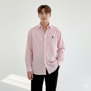  Áo Sơ Mi Nam Nữ TH77 Dài Tay Họa Tiết Kẻ Sọc Hai Màu Xanh Xám Thêu Logo Con Ngựa Vải Cotton Lụa Mềm 