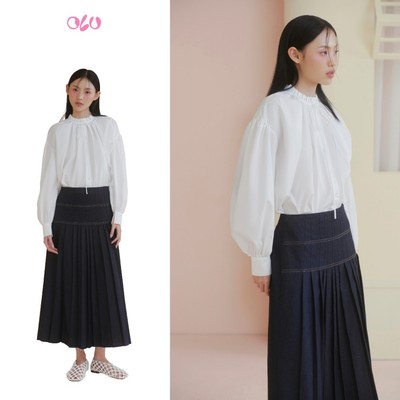 Chân váy OLV xếp ly chất liệu Jeans đứng form Navy Pleated Maxi Skirt dáng xòe thanh lịch