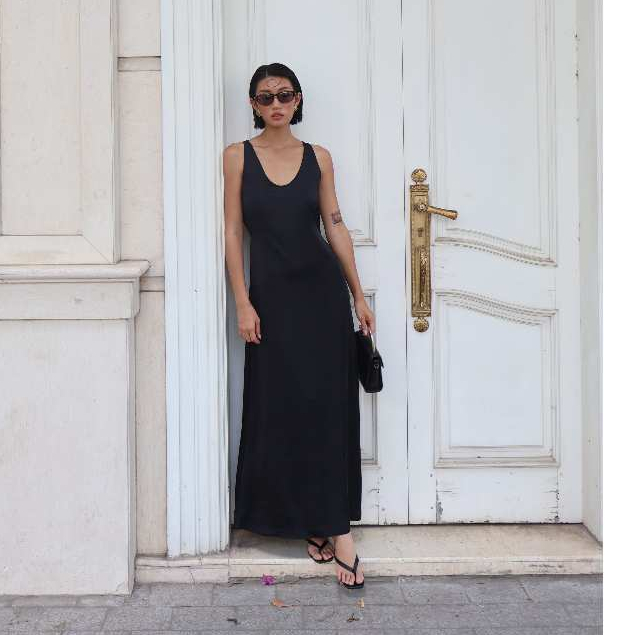 [BEING SIGNATURE]Váy lụa dài cổ tròn sát nách- đầm maxi lụa dáng suông basic, tối giản - "GIEO" dres