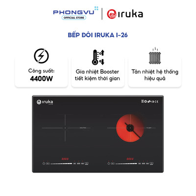 Bếp từ đôi Iruka I-26 (1 Từ + 1 Hồng Ngoại) - Mặt Kính Ceramic, 4000W, Điều Khiển Cảm Ứng, Hẹn Giờ - Bảo hành 24 tháng