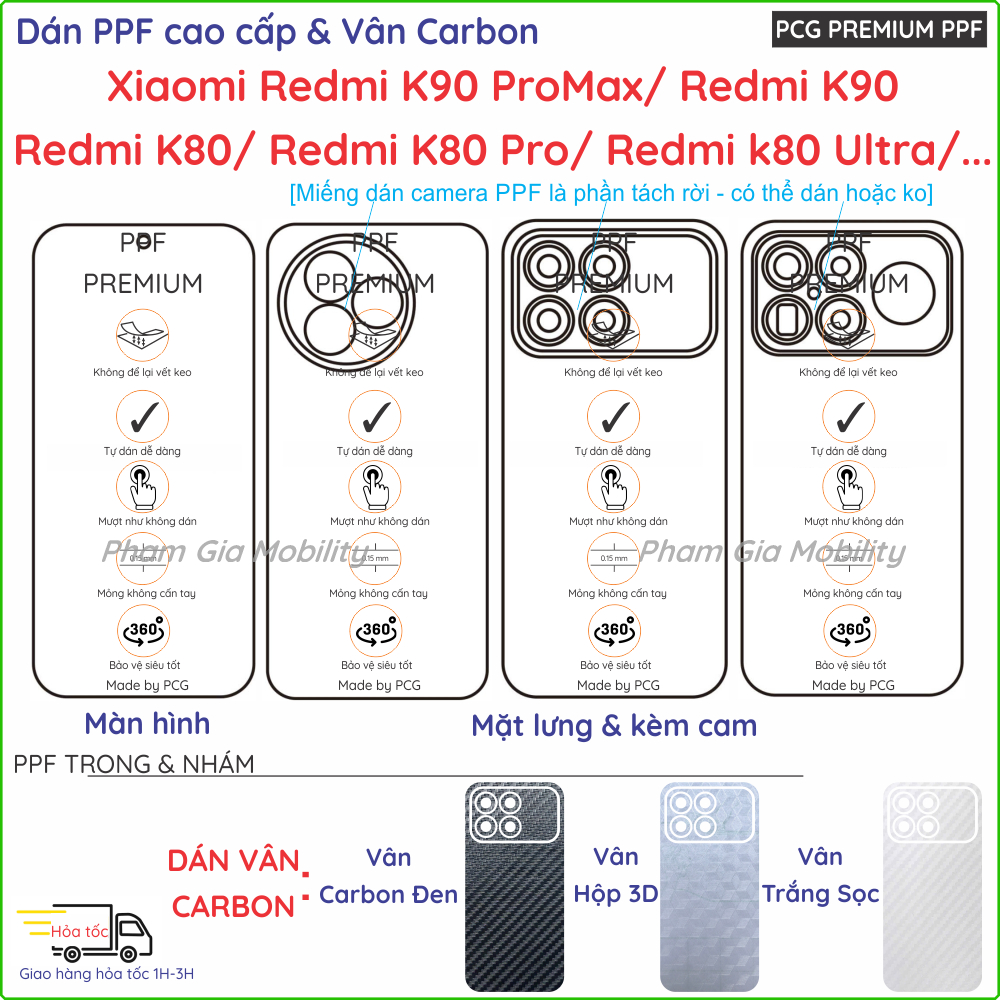 Dán PPF & Skin Carbon Xiaomi Redmi K90 Pro Max PM ProMax/ K80 Pro Ultra trong, nhám cho màn hình, mặ
