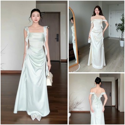 Venus Dress Wonderhouse Đầm trễ vai tua rua chất lụa mịn dáng dài mịn dự tiệc sang trọng, nữ tính