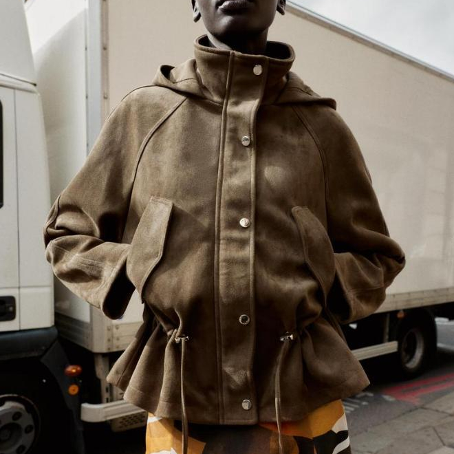 áo khoác Zara made in Morocco da lộn nâu eo dây đai rút có mũ