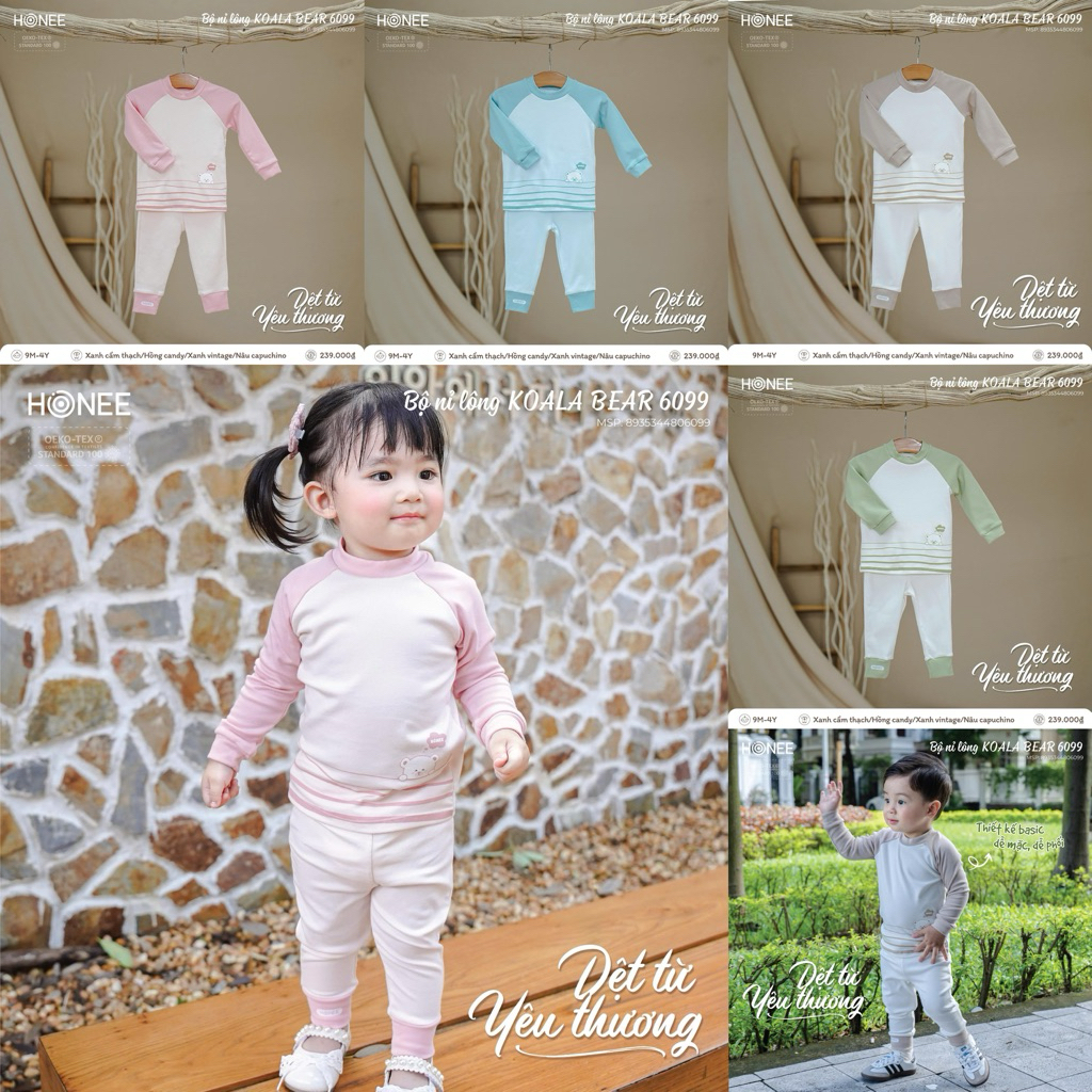 [Honee] Bộ quần áo dài tay thu đông chất liệu nỉ nhung mềm mại ấm áp thu đông cho bé 6-16kg