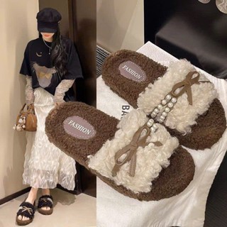  Dép lông đi trong nhà dép bông nữ thời trang thu đông mới đế cao su 3cm- DL NƠ NGỌC 