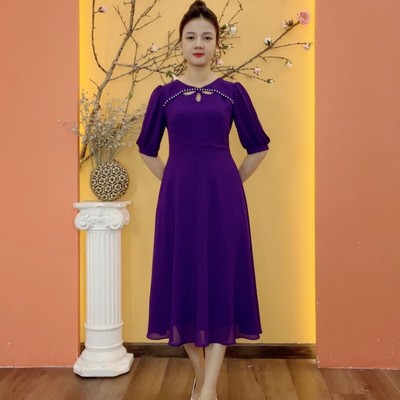 Đầm xòe trung niên cho mẹ - Cổ tròn giọt nước kết ngọc tay lỡ - Tím huế - TTV1992