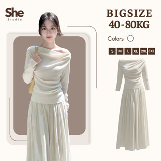   Có Bigsize  Set Áo Trễ Vai Thu Đông Mix Chân Váy Tơ Xoè Set Công Sở Tiểu Thư Nhẹ Nhàng by She Studio - SH03 