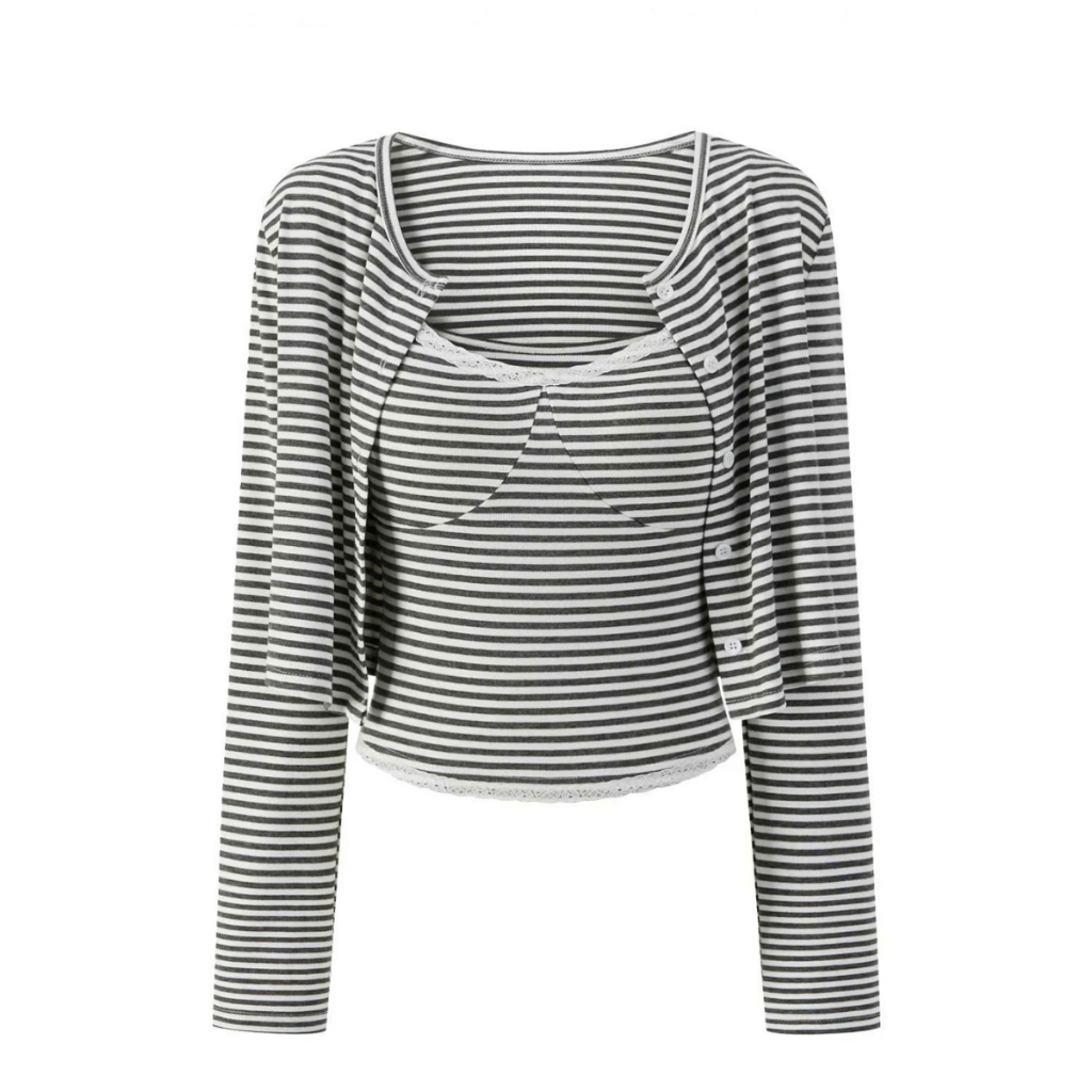 EMLYvn - Set Áo 2s Kèm Cardigan Mỏng Kẻ Hồng Nữ Tính, Áo Cadigan kẻ Co Giãn 4 Chiều Siêu Xinh, Dễ Thương | BigBuy360 - bigbuy360.vn