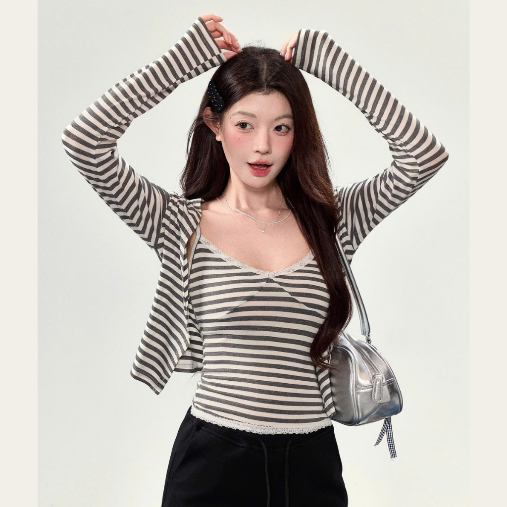 EMLYvn - Set Áo 2s Kèm Cardigan Mỏng Kẻ Hồng Nữ Tính, Áo Cadigan kẻ Co Giãn 4 Chiều Siêu Xinh, Dễ Thương | BigBuy360 - bigbuy360.vn