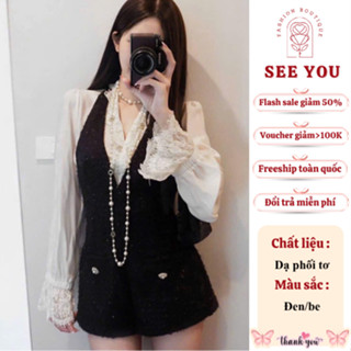  Set đồ dạ quý cô dự tiệc sang chảnh See You áo voan sơmi cổ V phối ren kèm váy yếm đính khuy đồng công sở dạo phố 