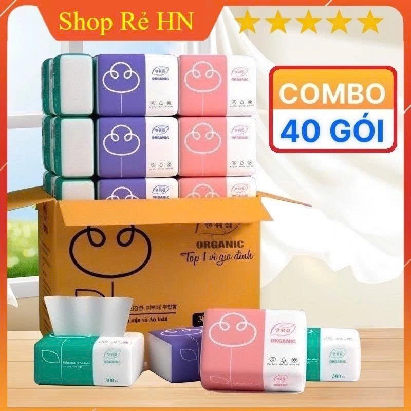 Thùng 40 Gói Khăn Giấy Ăn Rút Lụa Organic 3 Màu Cao Cấp 300 Tờ - 3 Lớp Mềm Mịn, Thân Thiện