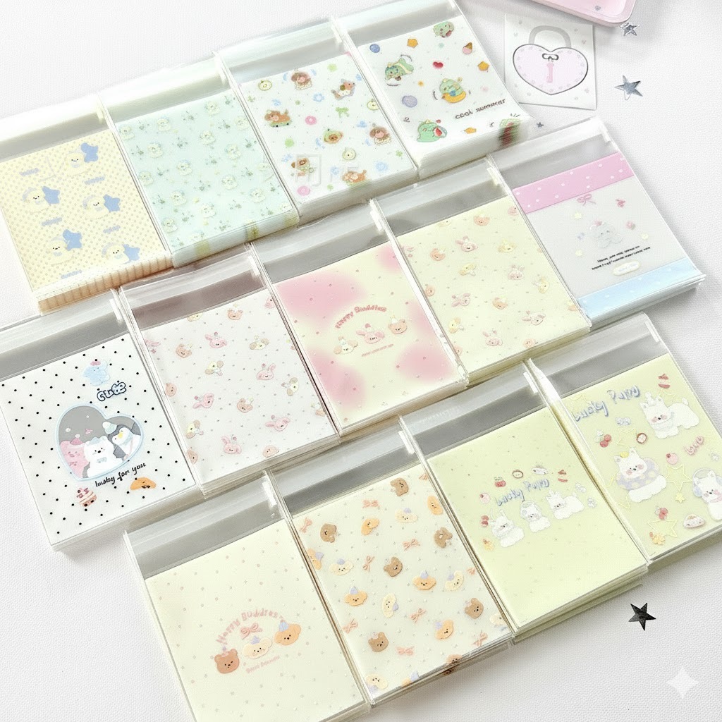 (UNI STORE) Sét 50 Túi Bóng Kính Dày 8x10+3cm miệng túi có họa tiết dễ thương, mẫu ngẫu nhiên