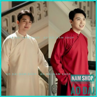 Áo Dài Cách Tân Nam Dáng Suông Ngũ Thân Dán Xưa Cài Cúc Chéo Trẻ Trung Mặc Lễ Tết Chụp Ảnh