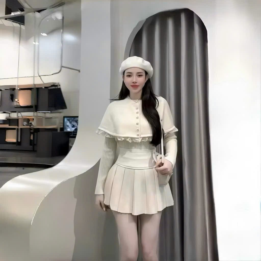 Set 3 Món Tiểu Thư Gồm Áo Choàng Phối Ren + Áo Len Tăm + Chân Váy Xếp Ly | BigBuy360 - bigbuy360.vn