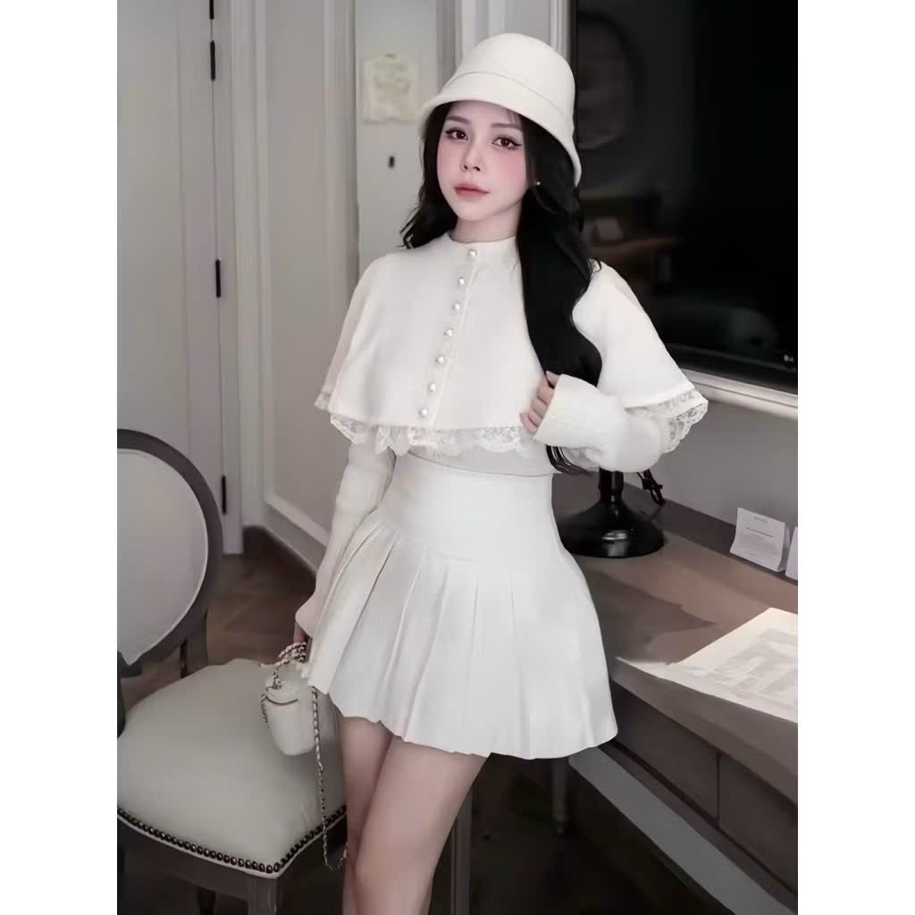 Set 3 Món Tiểu Thư Gồm Áo Choàng Phối Ren + Áo Len Tăm + Chân Váy Xếp Ly | BigBuy360 - bigbuy360.vn