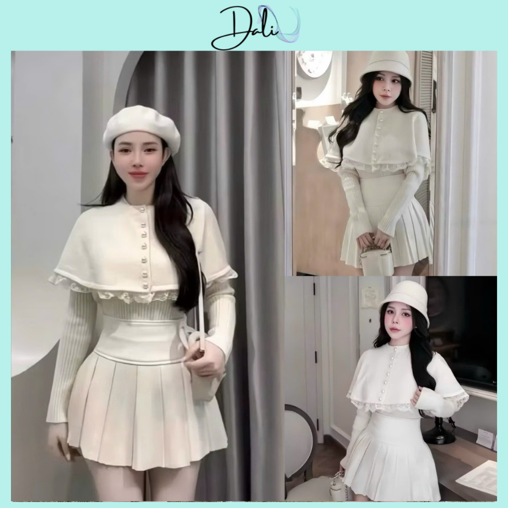Set 3 Món Tiểu Thư Gồm Áo Choàng Phối Ren + Áo Len Tăm + Chân Váy Xếp Ly | BigBuy360 - bigbuy360.vn