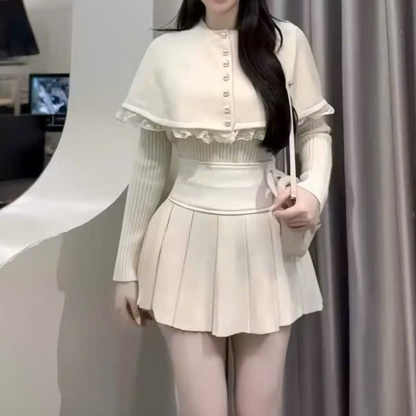 Set 3 Món Tiểu Thư Gồm Áo Choàng Phối Ren + Áo Len Tăm + Chân Váy Xếp Ly | BigBuy360 - bigbuy360.vn