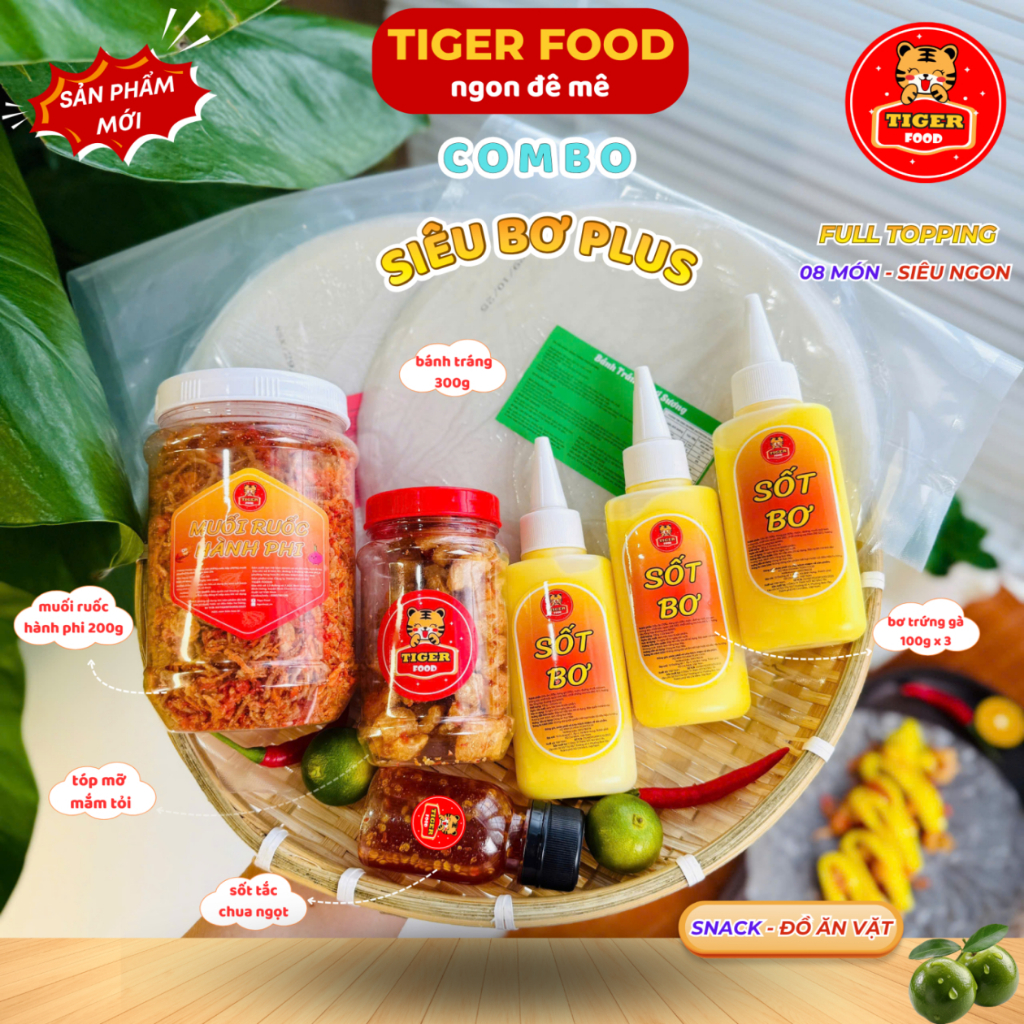 Bánh tráng phơi sương TIGER FOOD - Combo Bánh Tráng + Muối tôm hành phi + Siêu Bơ béo + Tóp mỡ + Sốt Tắc - Đồ ăn vặt