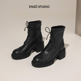  ENSo - Boots Da Thật Màu Đen CARMON Đế Cao 6 cm 
