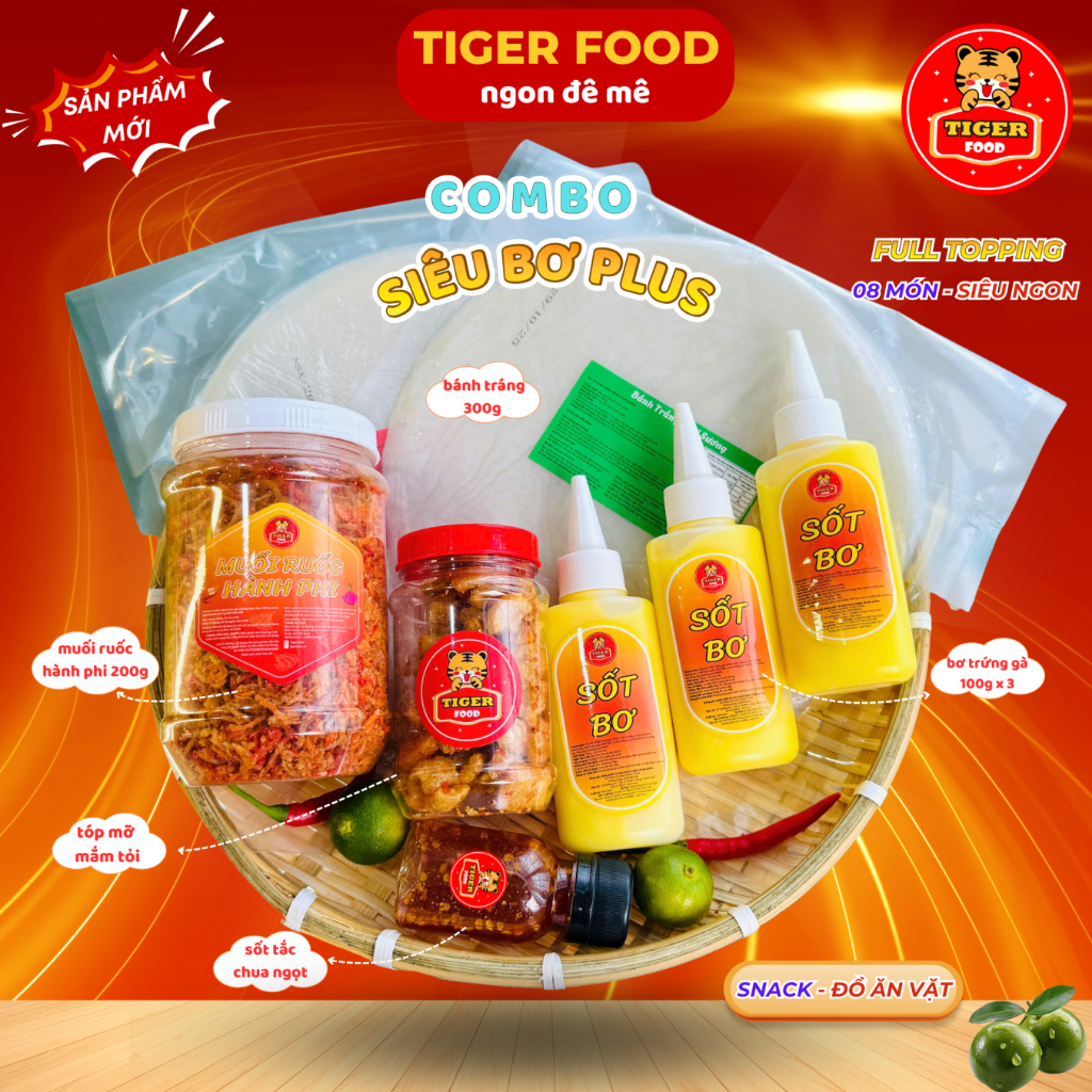 COMBO Bánh tráng phơi sương TIGER FOOD Bánh Tráng + Muối Ruốc Hành Phi + Bơ + Tóp Mỡ + Sốt tắc FREESHIP Đồ Ăn Vặt Snack