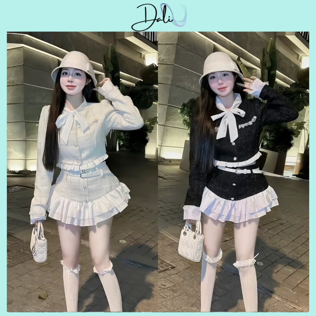 [Tặng Kèm Đai] Set Váy Dạ 2 Lớp Bánh Bèo Gồm Áo Khoác Dạ Nơ Cổ Phối Viền Bèo Ren + Chân Váy Phối Bèo Tầng | BigBuy360 - bigbuy360.vn