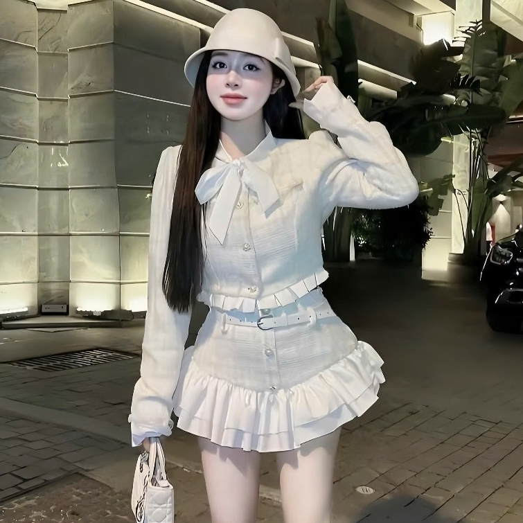 [Tặng Kèm Đai] Set Váy Dạ 2 Lớp Bánh Bèo Gồm Áo Khoác Dạ Nơ Cổ Phối Viền Bèo Ren + Chân Váy Phối Bèo Tầng | BigBuy360 - bigbuy360.vn