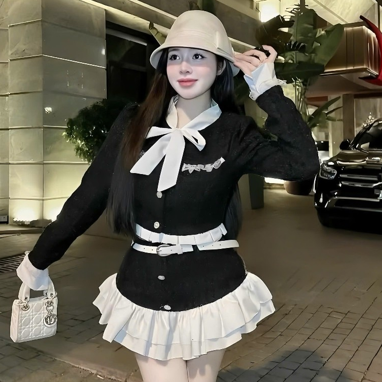 [Tặng Kèm Đai] Set Váy Dạ 2 Lớp Bánh Bèo Gồm Áo Khoác Dạ Nơ Cổ Phối Viền Bèo Ren + Chân Váy Phối Bèo Tầng | BigBuy360 - bigbuy360.vn