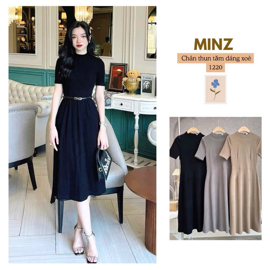 Váy Thun Tăm Dáng Xòe MINZ STORE Mã 1220, Thiết Kế Cỏ Tròn Phong Cách Công Sở