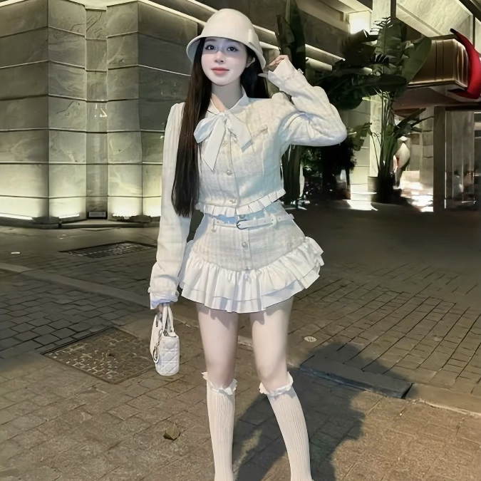 [Tặng Kèm Đai] Set Váy Dạ 2 Lớp Bánh Bèo Gồm Áo Khoác Dạ Nơ Cổ Phối Viền Bèo Ren + Chân Váy Phối Bèo Tầng | BigBuy360 - bigbuy360.vn