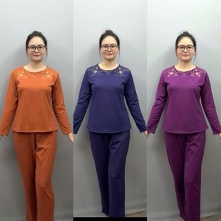  Bộ Cotton Thu Đông dài tay mặc nhà-Bộ Trung Niên Mặc Nhà Cho mẹ cho bà hình thêu hoa hai bên 