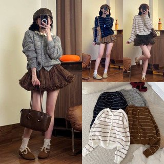   HÀNG QC L1 Sẵn Giao ngay  Áo cardigan len lông thỏ kẻ sọc ngang phối cúc đồng LEN252 