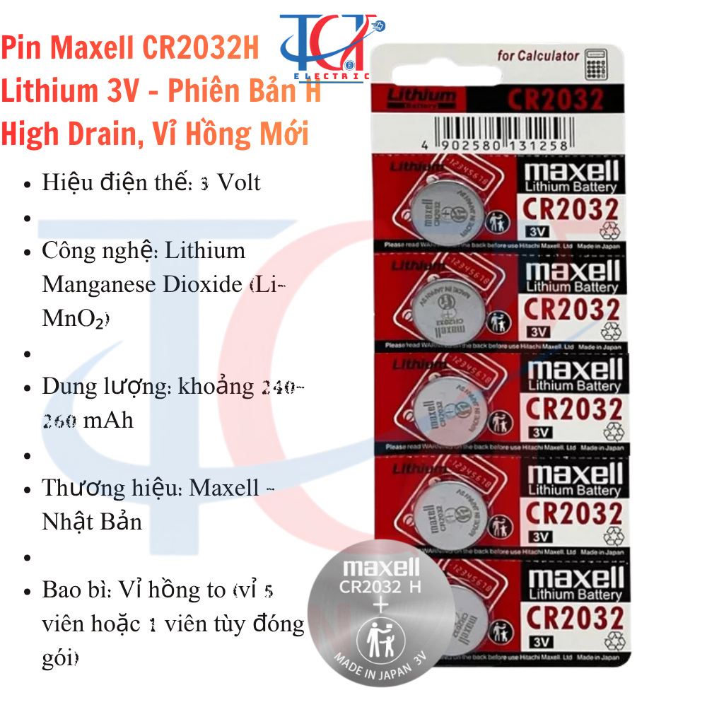 (Vỉ Hồng To Mới) Pin Maxell CR2032H 3V – Pin Cúc Lithium Cao Cấp, Dung Lượng Cao, Chính Hãng Nhật