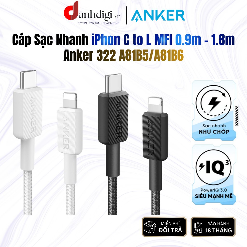 Cáp sạc nhanh Anker 322 MFI C to L 30W A81B5/A81B6 dài 0.9M/1.8M dây Nilong dù sạc nhanh cho các dòn