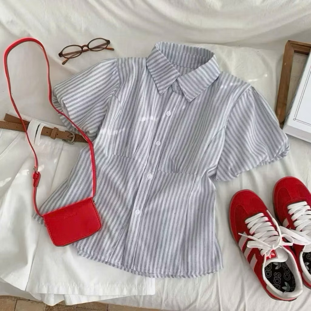 Áo sơ mi kẻ tay phồng dáng ngắn thô linen xixeoshop M9579 KENCO thời trang nữ | BigBuy360 - bigbuy360.vn