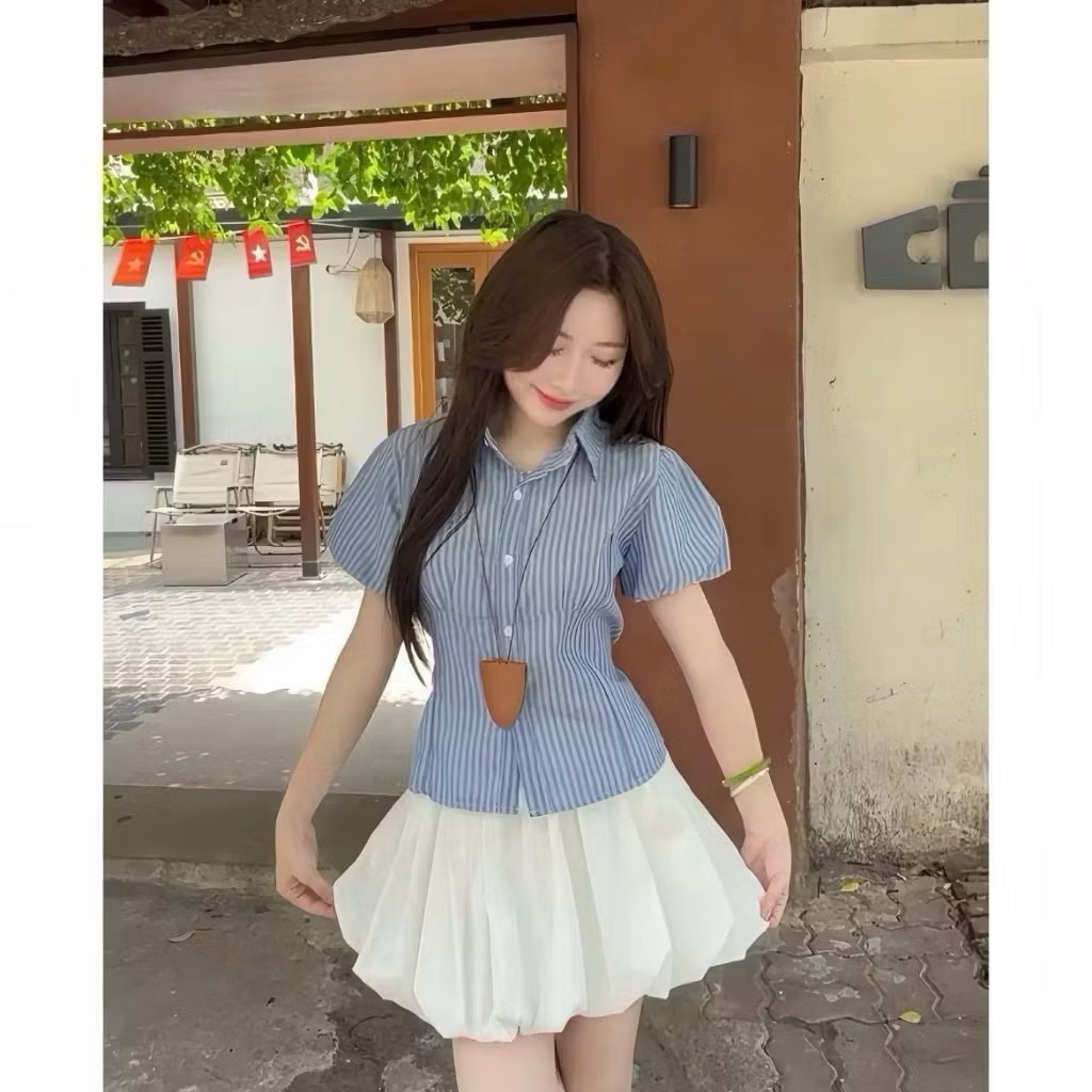 Áo sơ mi kẻ tay phồng dáng ngắn thô linen xixeoshop M9579 KENCO thời trang nữ | BigBuy360 - bigbuy360.vn