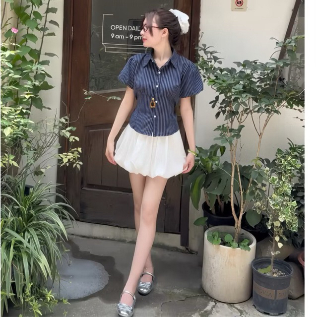 Áo sơ mi kẻ tay phồng dáng ngắn thô linen xixeoshop M9579 KENCO thời trang nữ | BigBuy360 - bigbuy360.vn