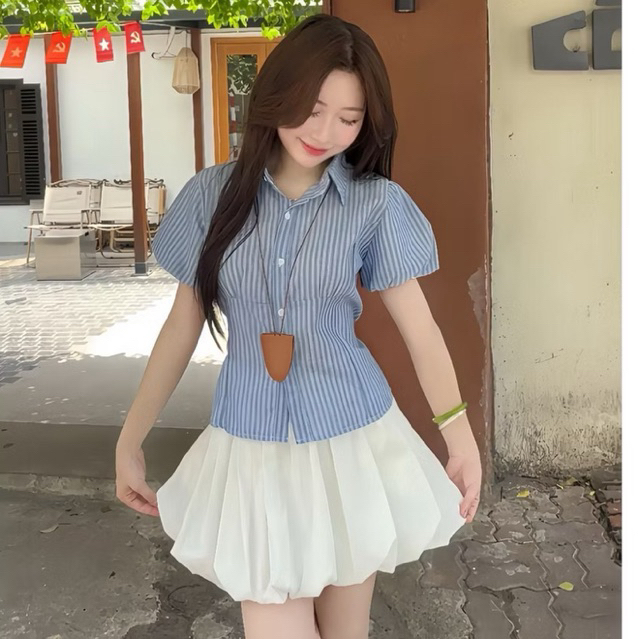 Áo sơ mi kẻ tay phồng dáng ngắn thô linen xixeoshop M9579 KENCO thời trang nữ | BigBuy360 - bigbuy360.vn