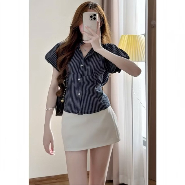 Áo sơ mi kẻ tay phồng dáng ngắn thô linen xixeoshop M9579 KENCO thời trang nữ | BigBuy360 - bigbuy360.vn