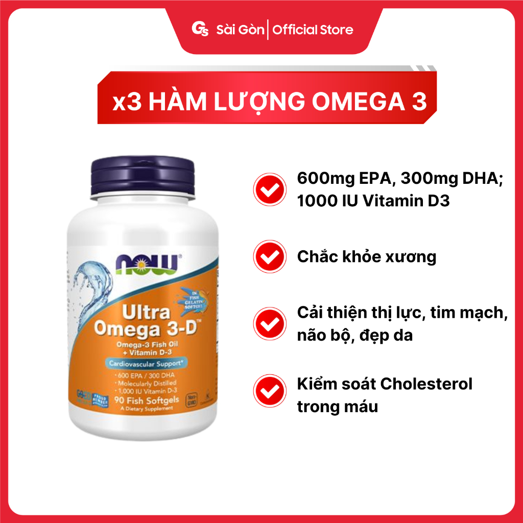 Viên uống dầu cá Now Ultra Omega 3-D, 600 EPA / 300 DHA Fish Oil + Vitamin D-3 - Gymstore