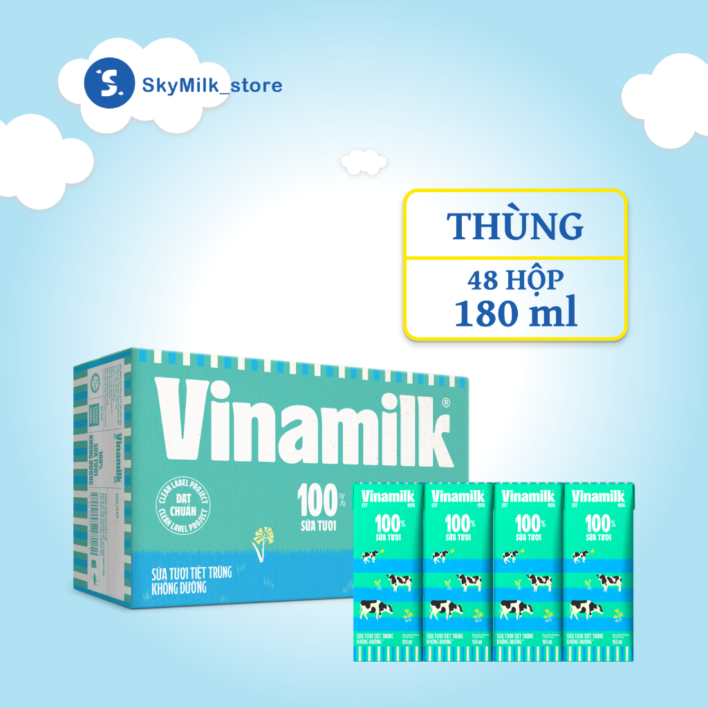 Vinamilk - Thùng 48 hộp 180ml Sữa tươi tiệt trùng Không đường Vinamilk -Sữa tươi tiệt trùng Vinamilk