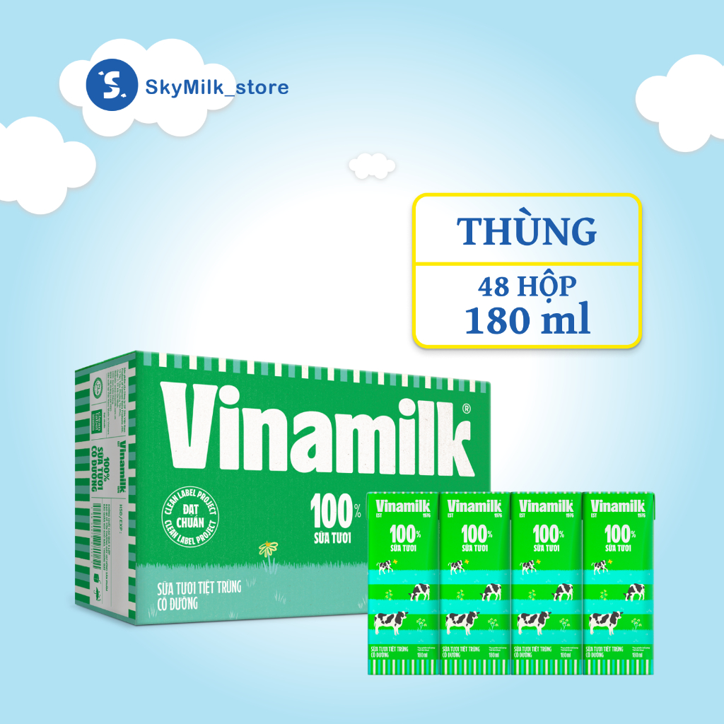 Vinamilk - Thùng 48 hộp 180ml Sữa tươi tiệt trùng Có đường Vinamilk - Sữa tươi tiệt trùng Vinamilk