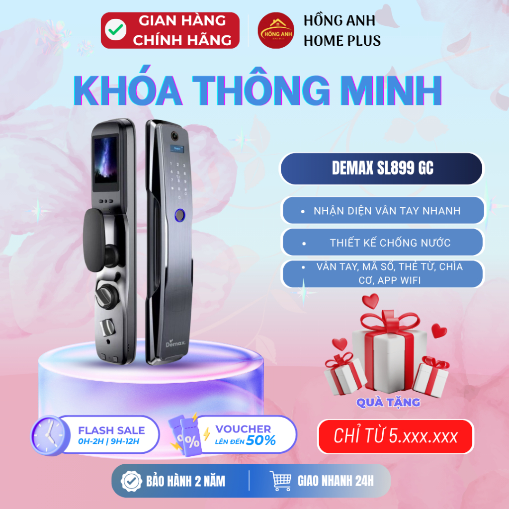 Khóa cửa vân tay Demax SL899 GC, khóa thông minh cao cấp, mở vân tay, thẻ từ, mã số, chìa cơ,..