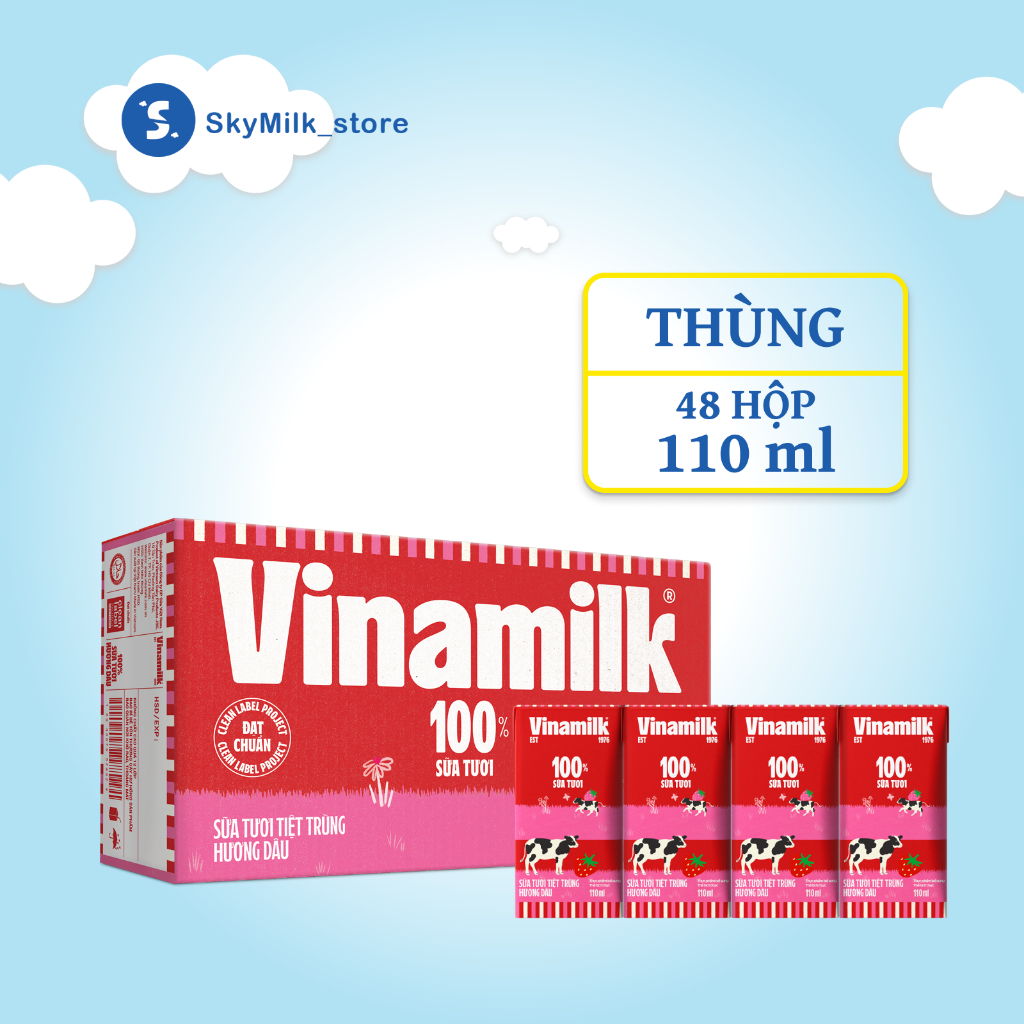 Vinamilk - Thùng 48 hộp 110ml Sữa tươi tiệt trùng Hương dâu Vinamilk - Sữa tươi tiệt trùng Vinamilk