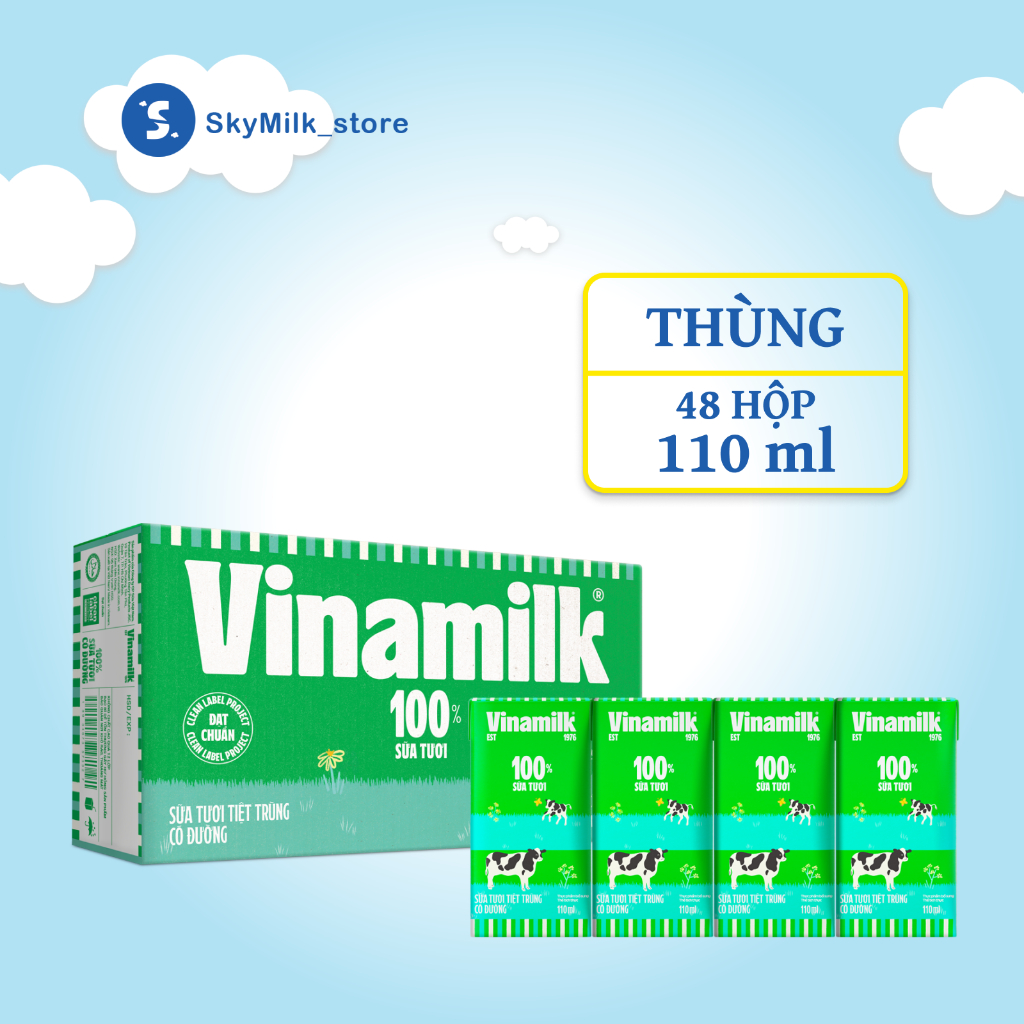 Vinamilk - Thùng 48 hộp 110ml Sữa tươi tiệt trùng Có đường Vinamilk - Sữa tươi tiệt trùng Vinamilk