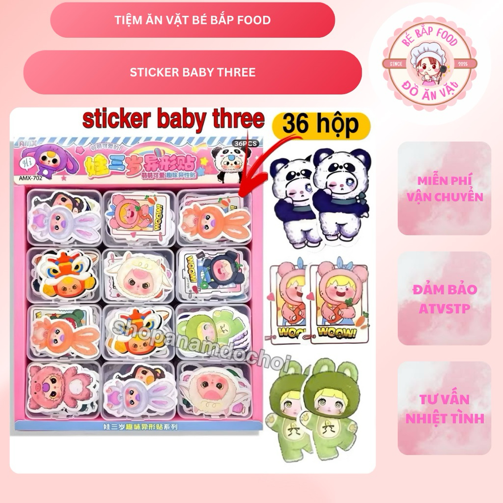 Khay 36 hộp sticker baby three , sticker bản to 36 hộp x 10 sticker